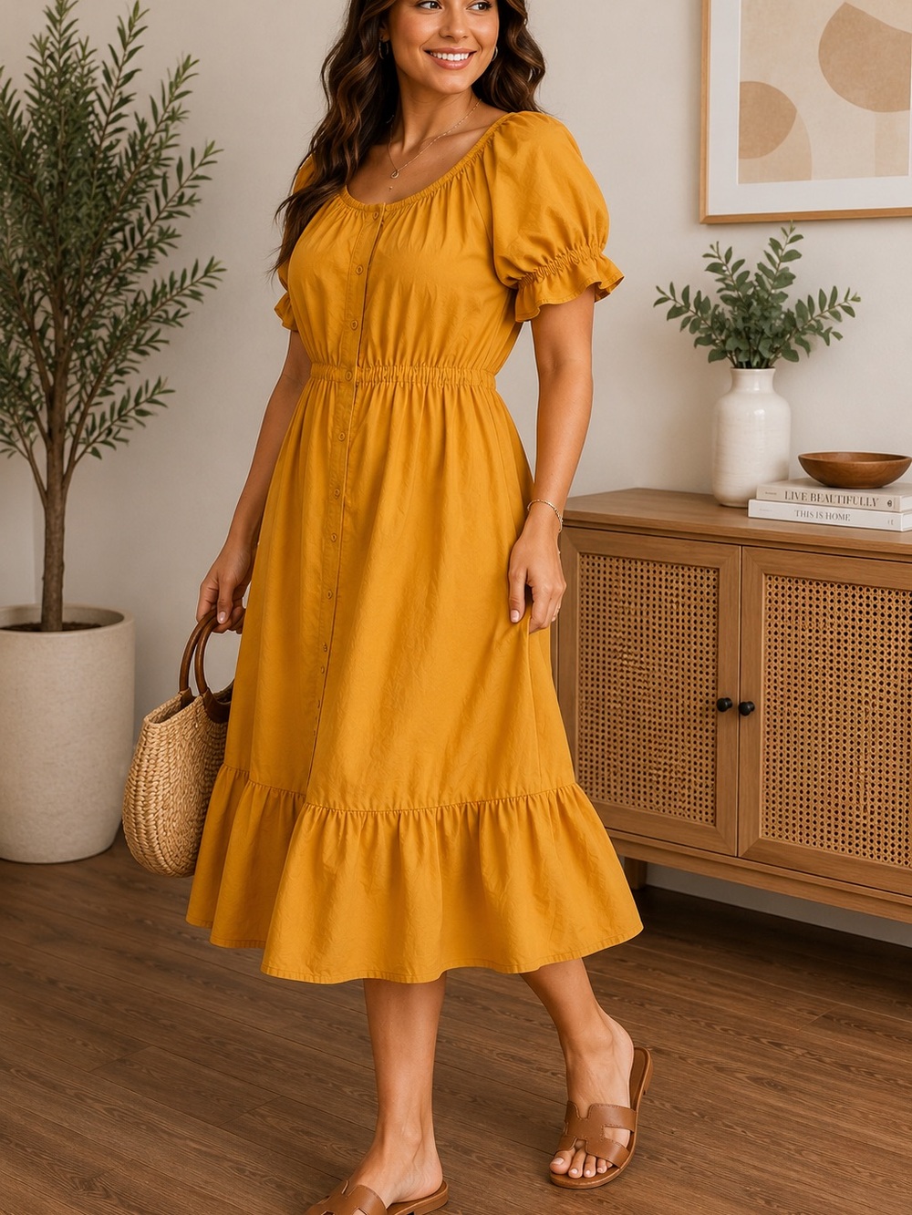 A Loves A Mustard Yellow Cotton Midi Dress – Size Large - Picture 3 of 4